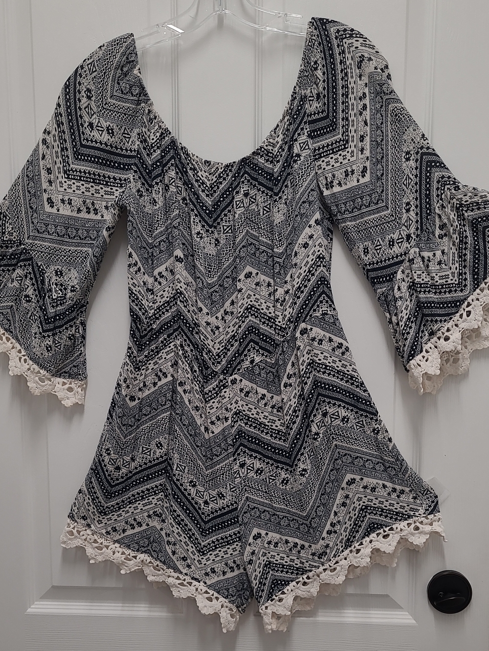 See You Monday Black and White Printed Romper with Lace Trim